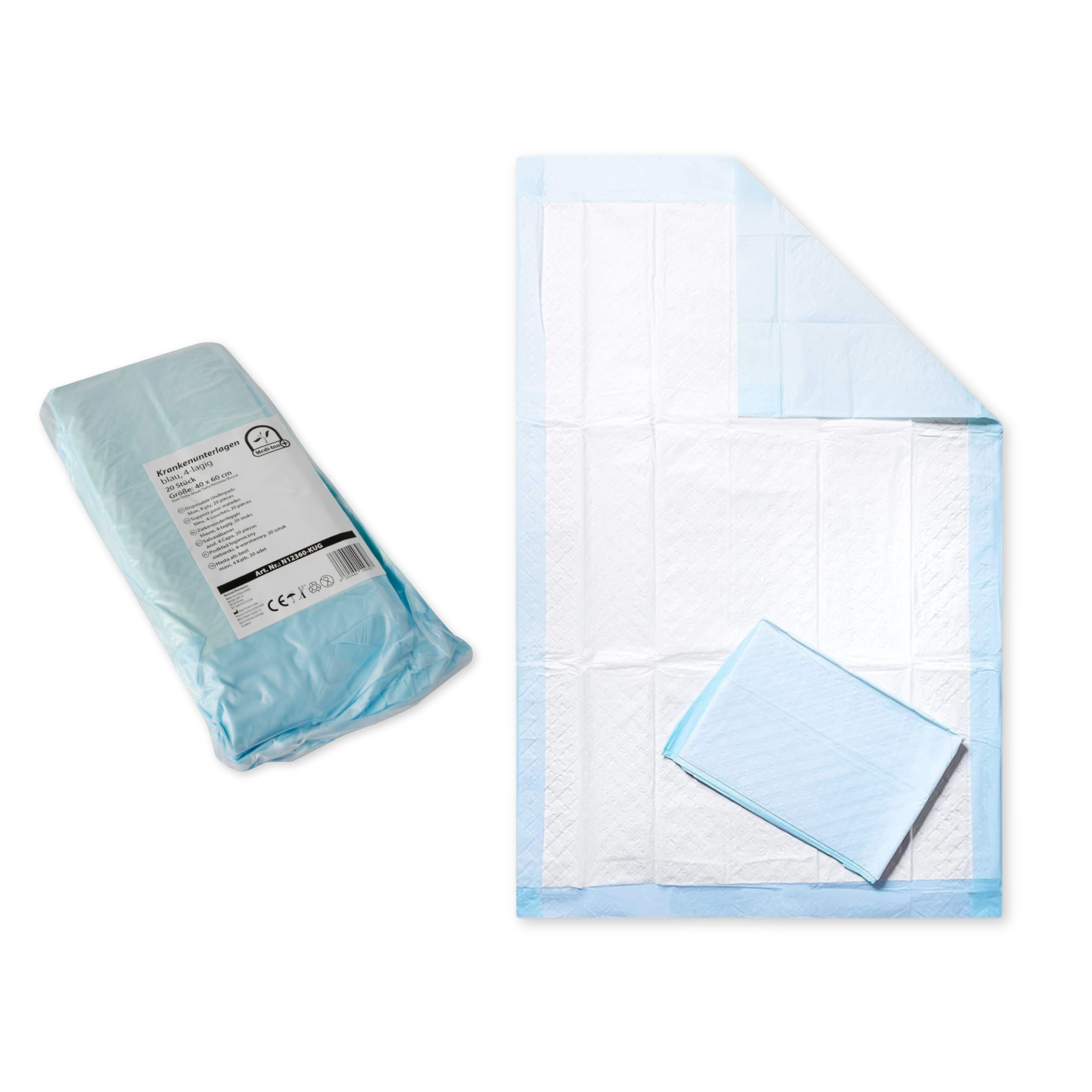 Krankenunterlage und Verpackung. Verpackung mit Produktinformationen. Marke: medi-inn.