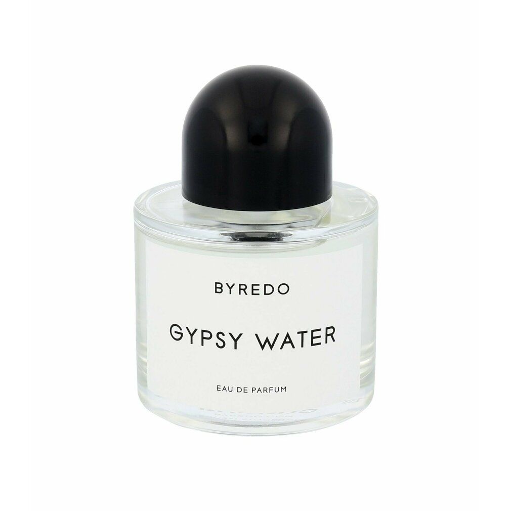 Glasflakon mit schwarzem Verschluss. Aufschrift: BYREDO, GYPSY WATER, Eau de Parfum.