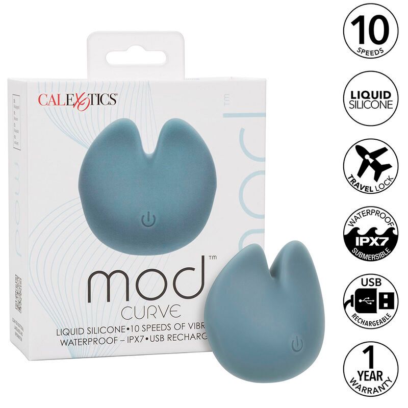 Blaues, herzförmiges Produkt mit Ein-/Ausschalter. Verpackung mit Produktname, Marke Calexotics und Eigenschaften: 10 Geschwindigkeiten, wasserdicht, USB.