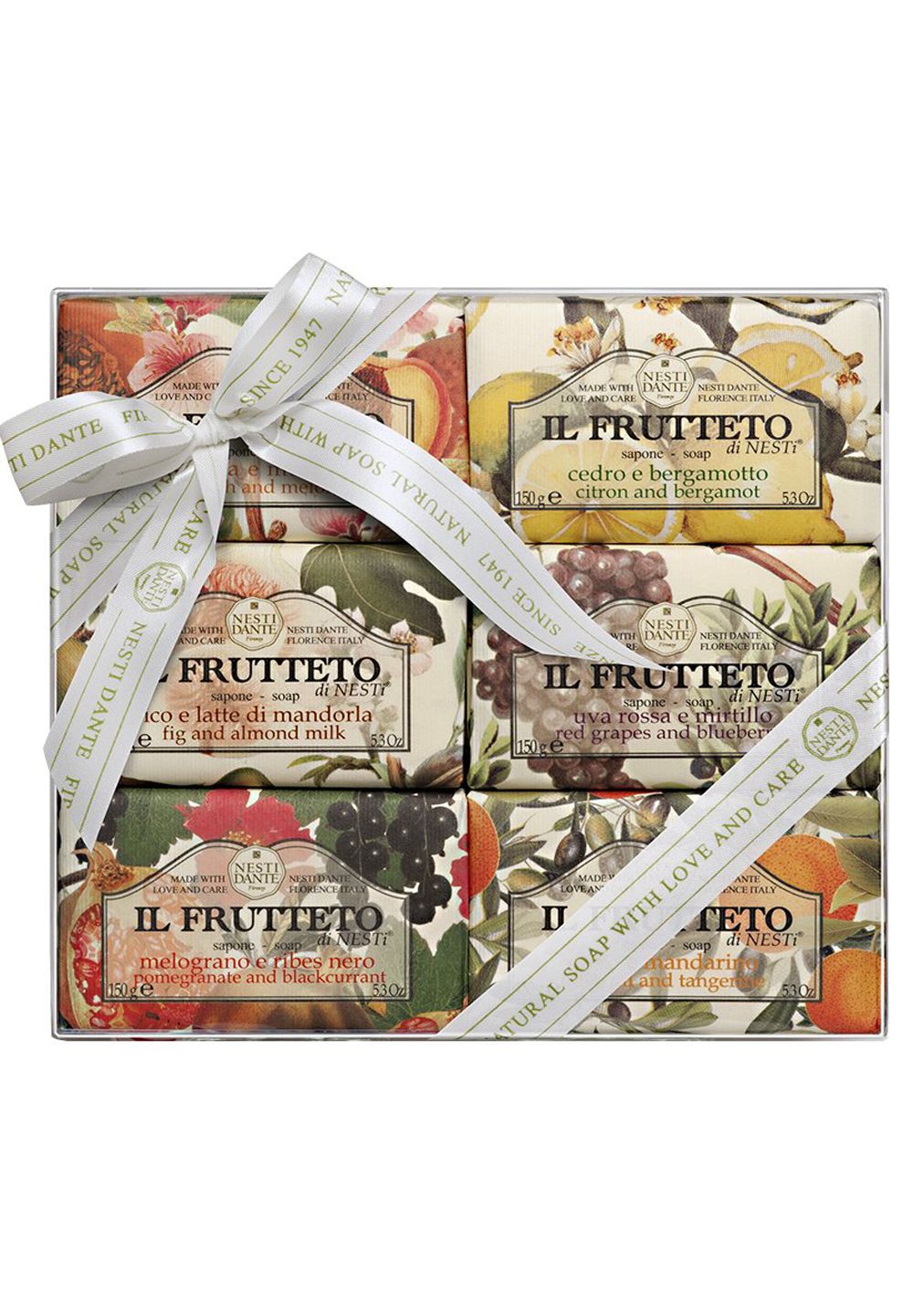 Nesti Dante Il Frutteto Geschenkset: Sechs Seifen mit detaillierten Frucht- und Zitrusdesigns, verpackt.