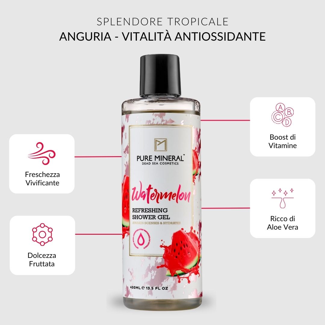Flacone di gel doccia con tappo nero. Testo: Pure Mineral, anguria, gel doccia rinfrescante. Con vitamine e antiossidanti.