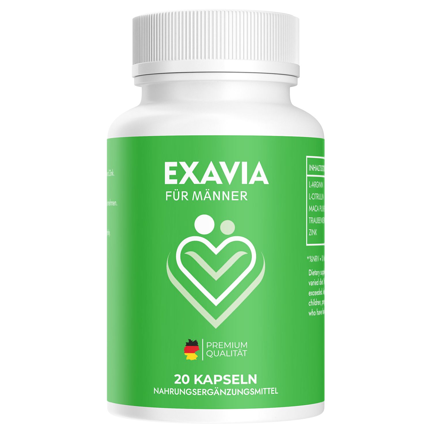 Weiße Flasche mit grünem Etikett. Aufschrift: EXAVIA für Männer, Logo, 20 Kapseln. Nahrungsergänzungsmittel.