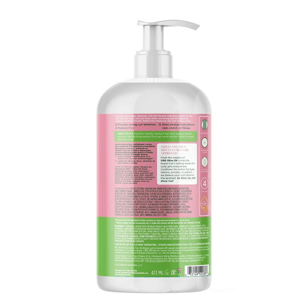 Rückseite der Flasche. Rosa Etikett mit "Curlshow" und "CURL CREATOR". Enthält Avocadoöl und Kollagen. Grüne und weiße Akzente. Text.