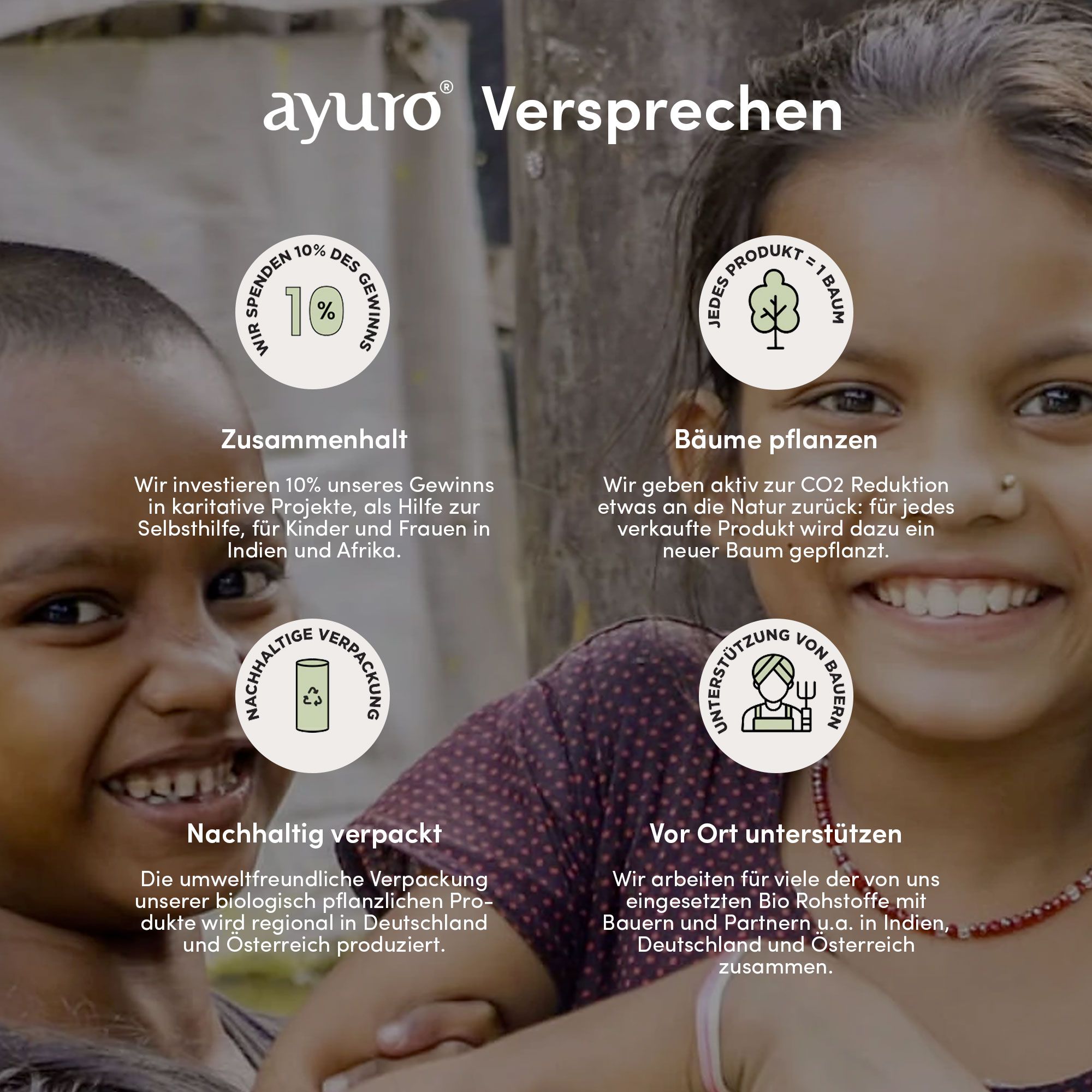 Zwei lächelnde Kinder. Text: "Wir spenden 10% des Gewinns". Nachhaltige Verpackung, Bäume pflanzen, Unterstützung von Bauern.
