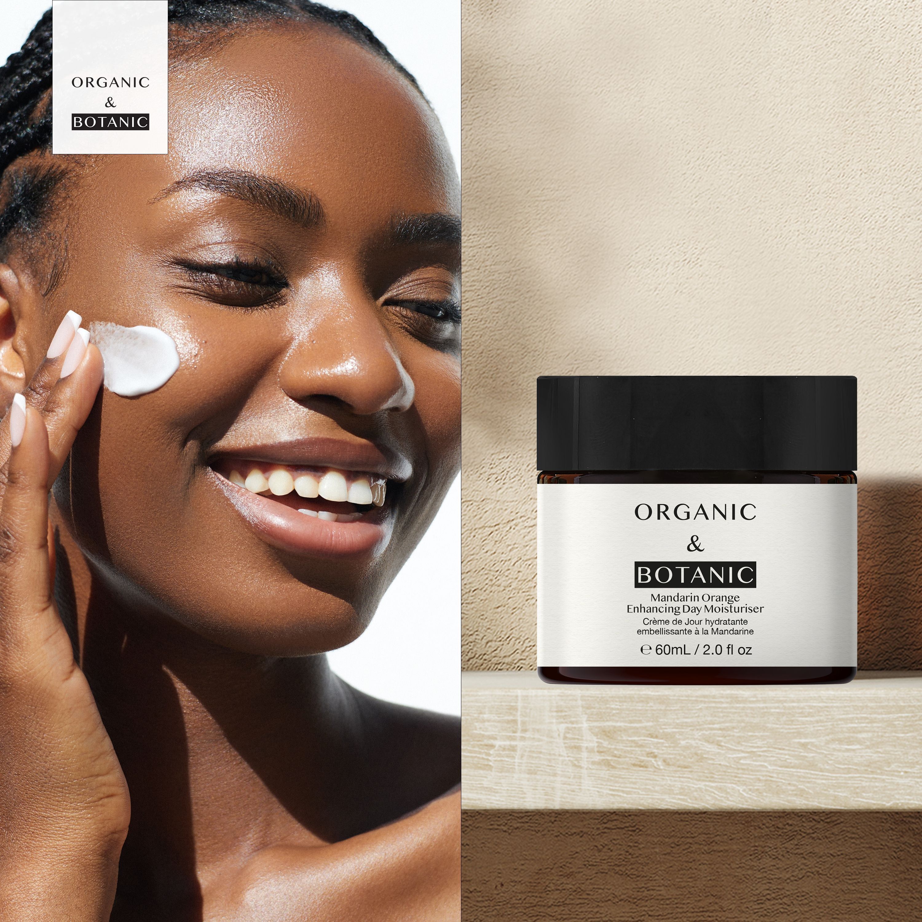 Frau trägt Creme auf. Produkt daneben. Aufschrift: ORGANIC & BOTANIC, Mandarin Orange Enhancing Day Moisturiser.