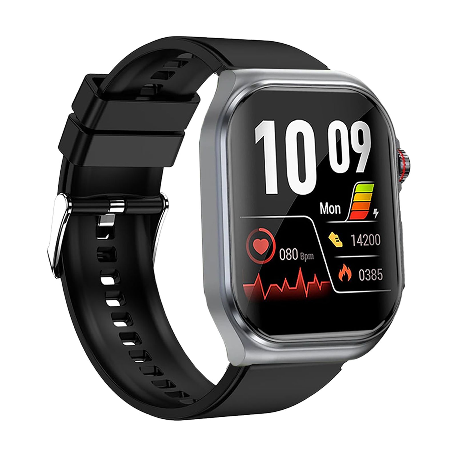 Smartwatch mit schwarzem Armband. Anzeige mit Uhrzeit, Herzfrequenz, Aktivitätsdaten. Silberfarbenes Gehäuse, roter Knopf.