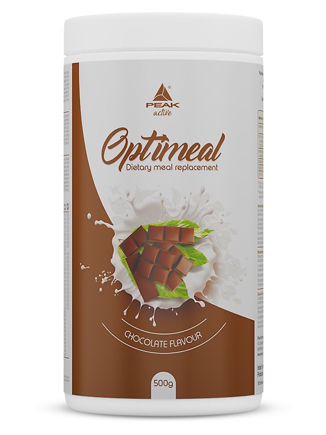 Weiße Dose PEAK OptiMeal, Schokoladen-Geschmack. Logo, Produktname, Schokoladen-Illustration. 500g. Dietary meal replacement.