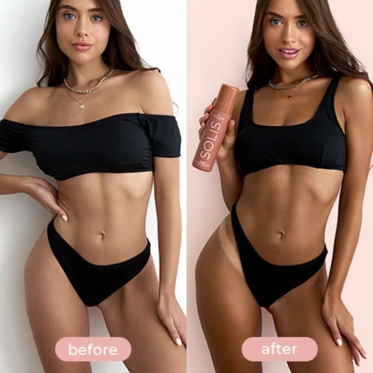 Zwei Frauen in Badekleidung. Eine vor, eine nach der Anwendung. Produkt: COCOSOLIS SOLIS Dark Selbstbräunungsschaum.