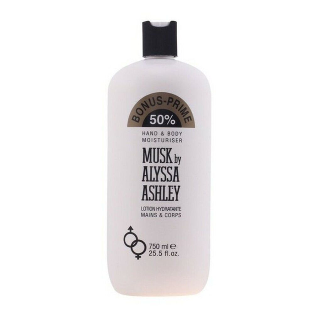 Weißer Flakon mit schwarzem Deckel. Aufschrift: Musk by Alyssa Ashley, Hand & Body Moisturiser. 750 ml.