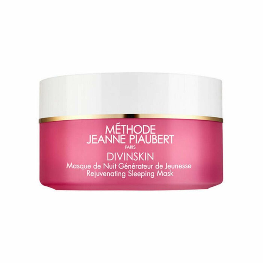 Rosa Tiegel mit weißem Deckel. Aufschrift: Methode Jeanne Piaubert, Divinskin, Masque de Nuit Générateur de Jeunesse, Rejuvenating Sleeping Mask.