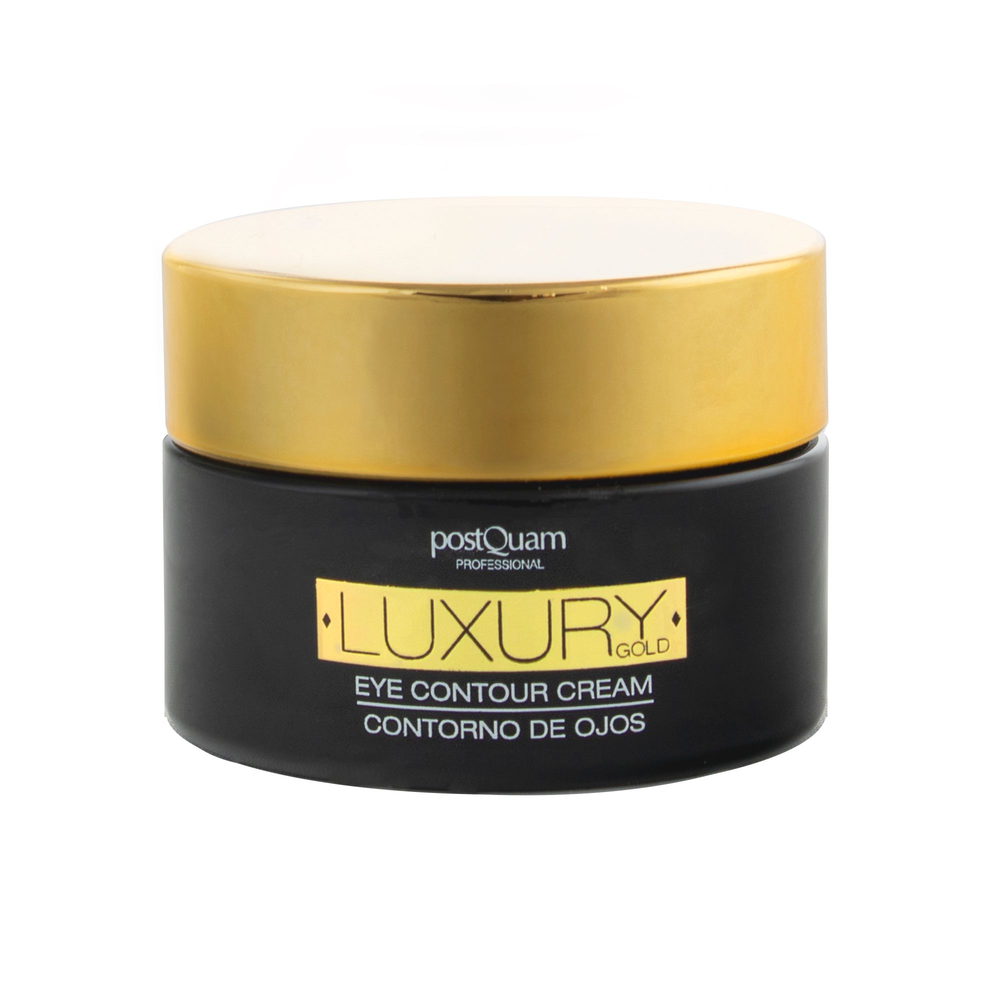 Schwarzes Tiegel mit goldenem Deckel. Aufschrift: LUXURY GOLD EYE CONTOUR CREAM. Marke: postQuam.
