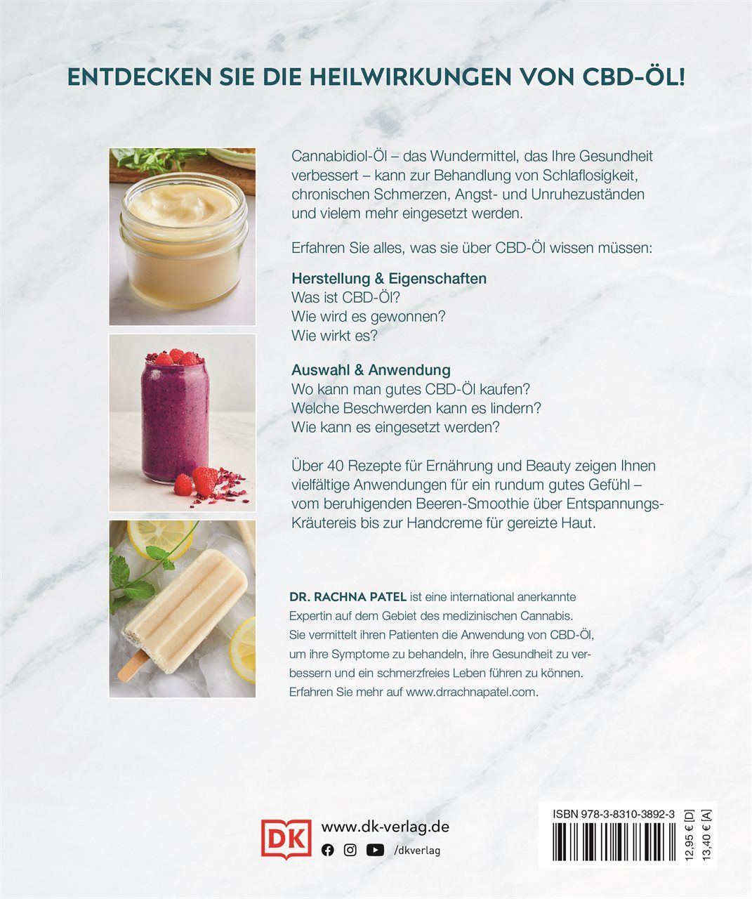 Rückseite des Buches "Gesund mit CBD-Öl". Text und Bilder von Rezepten und Inhaltsstoffen. DK-Verlag Logo.