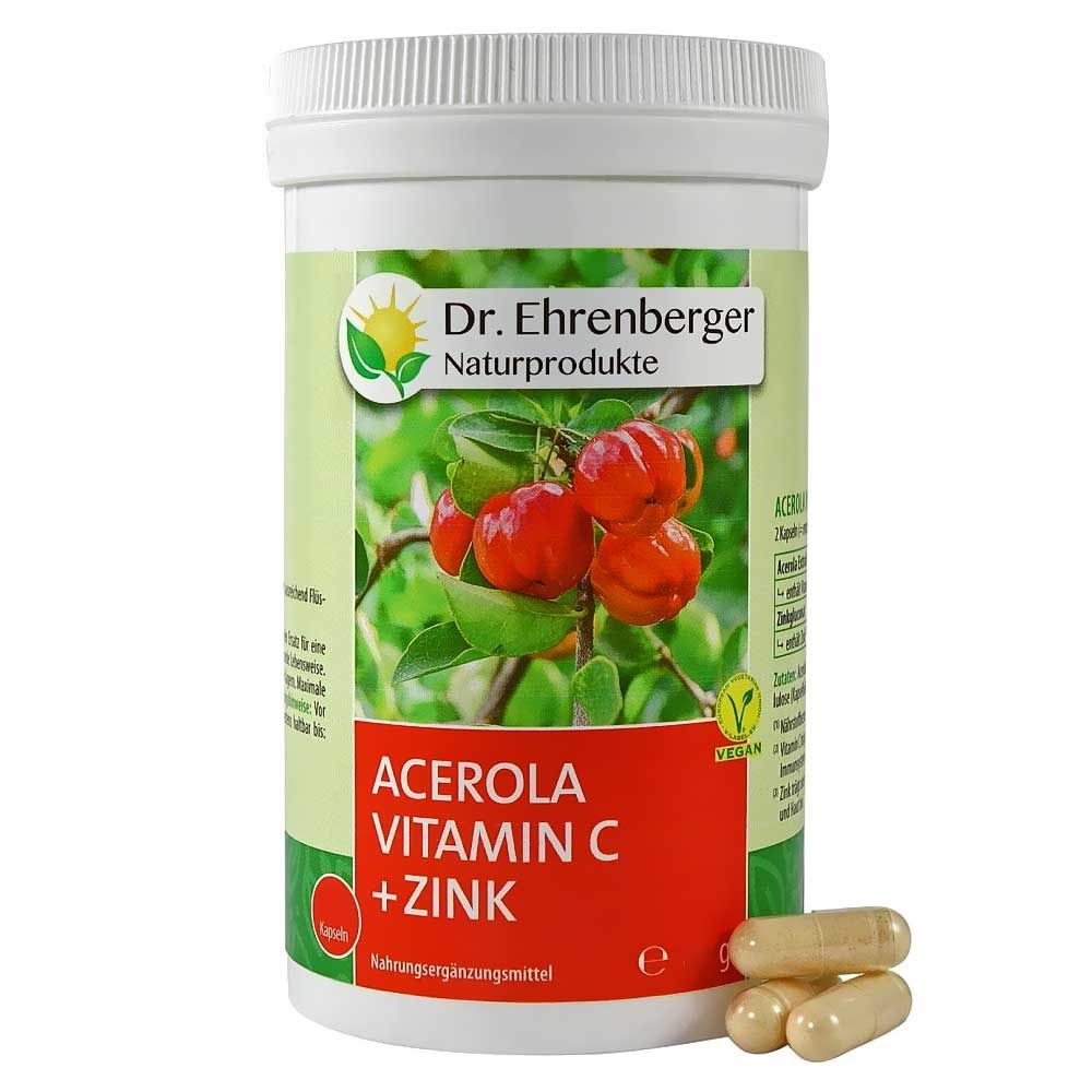 Weiße Dose mit Acerola Vitamin C + Zink Kapseln. Aufschrift: Dr. Ehrenberger Naturprodukte. Vegan-Siegel.