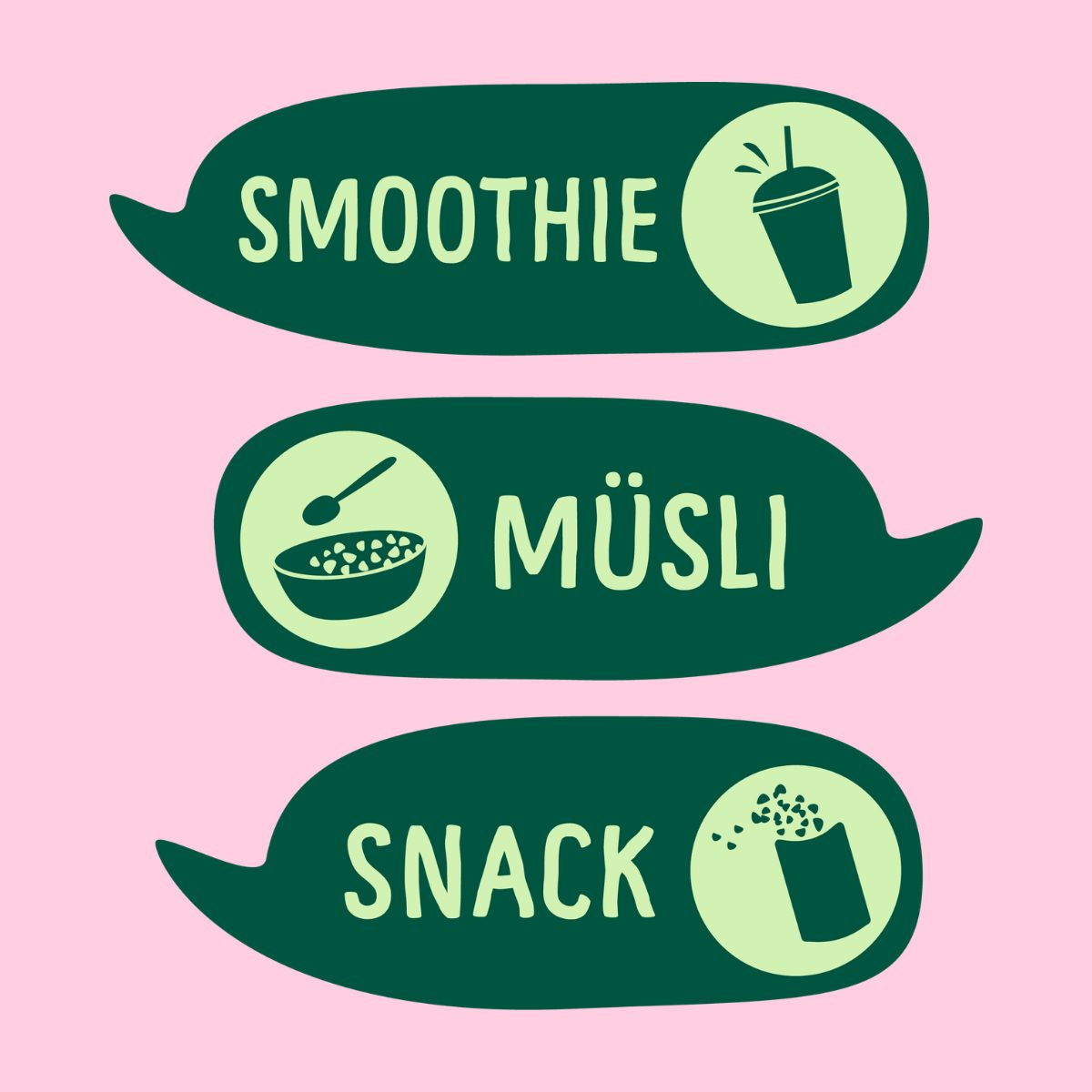 Grüne Sprechblasen mit Text. Smoothie, Müsli, Snack. Symbole: Becher, Schüssel mit Löffel, Tüte.
