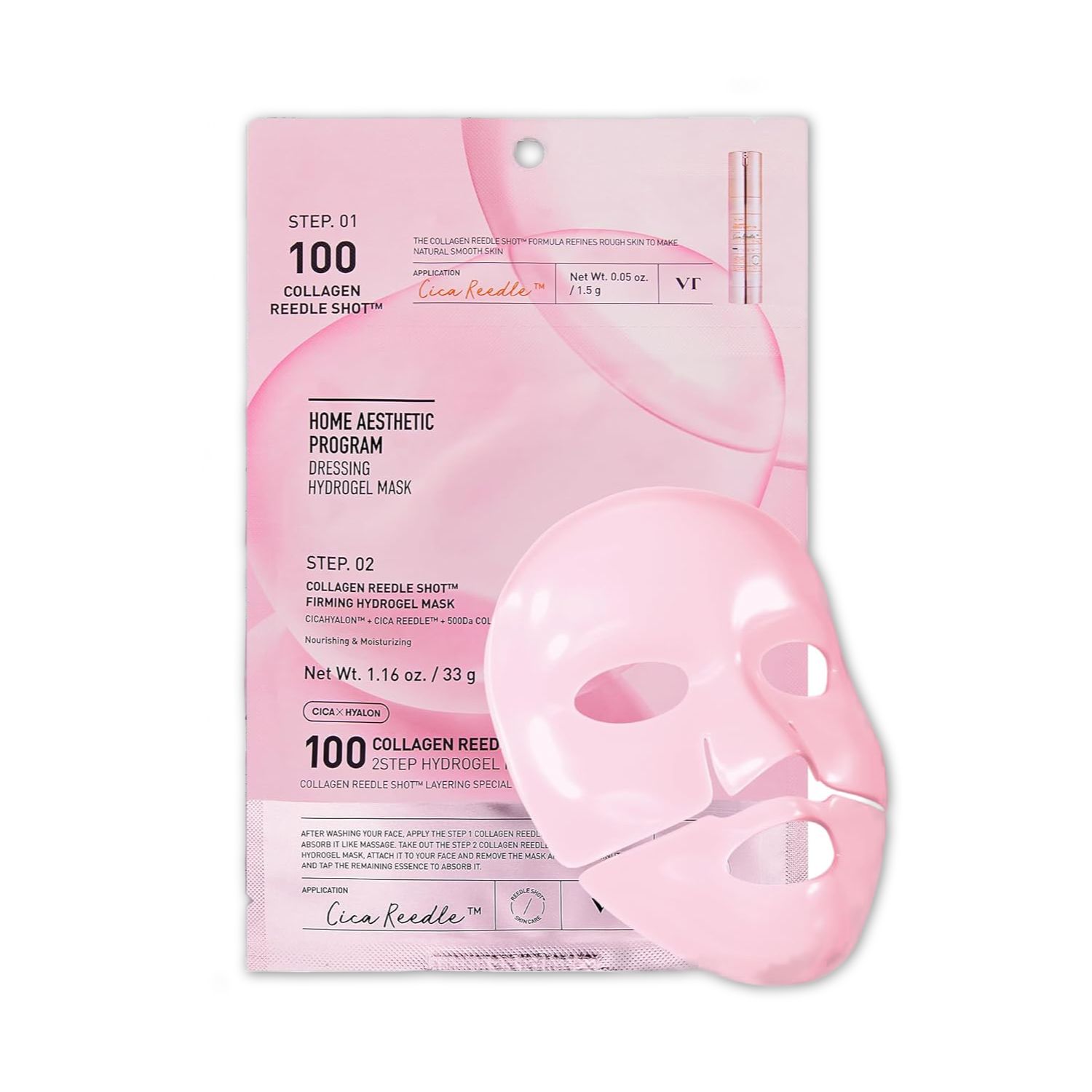Zwei-Schritte-Gesichtsmaske. Rosa Maske und Verpackung mit Produktnamen und Text. Enthält eine Ampulle.