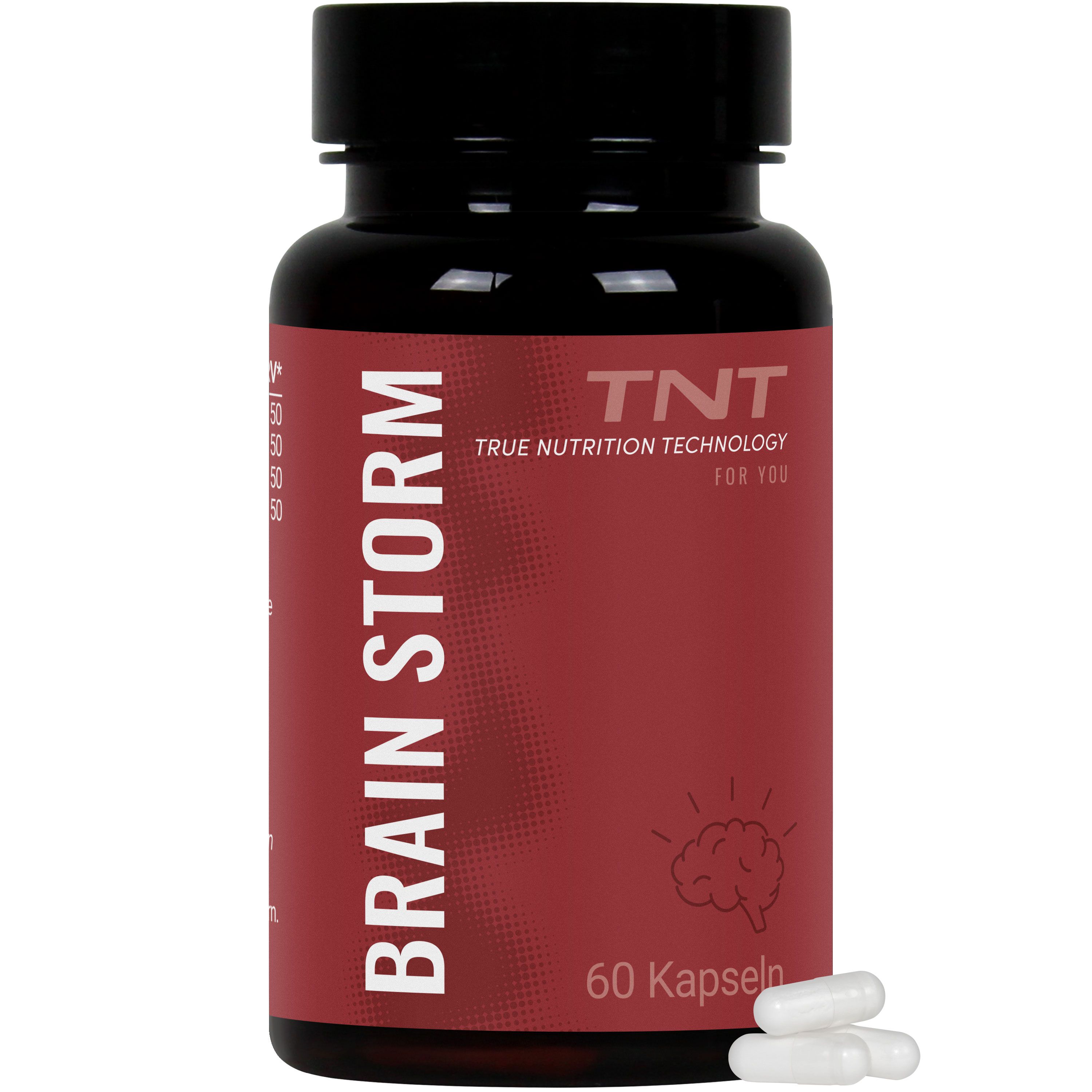 Braune Flasche mit rotem Etikett. Aufschrift BRAIN STORM und TNT. 60 Kapseln. Weiße Kapseln liegen daneben.
