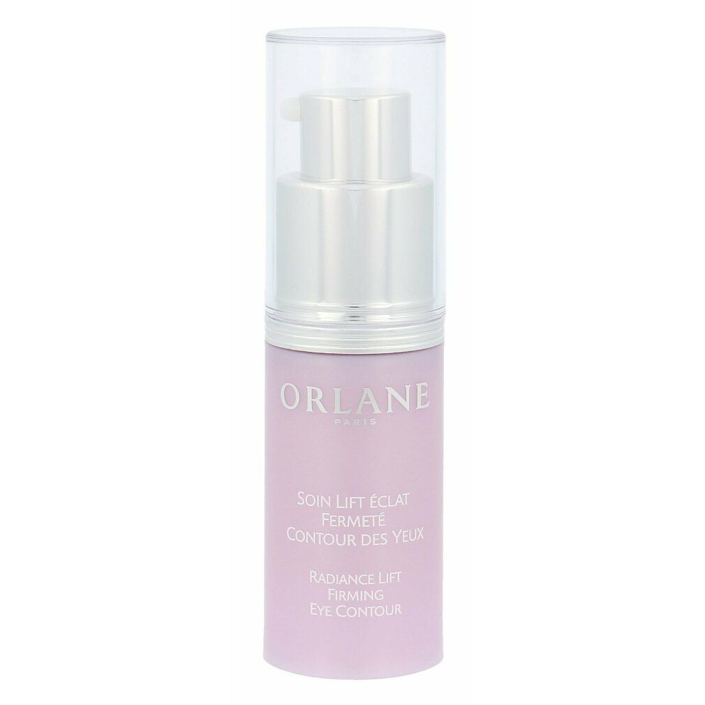 Orlane Radiance Lift Firming Eye Contour. Lila Flakon mit silberner Pumpe. Text: Soin Lift Eclat Fermeté Contour des Yeux.
