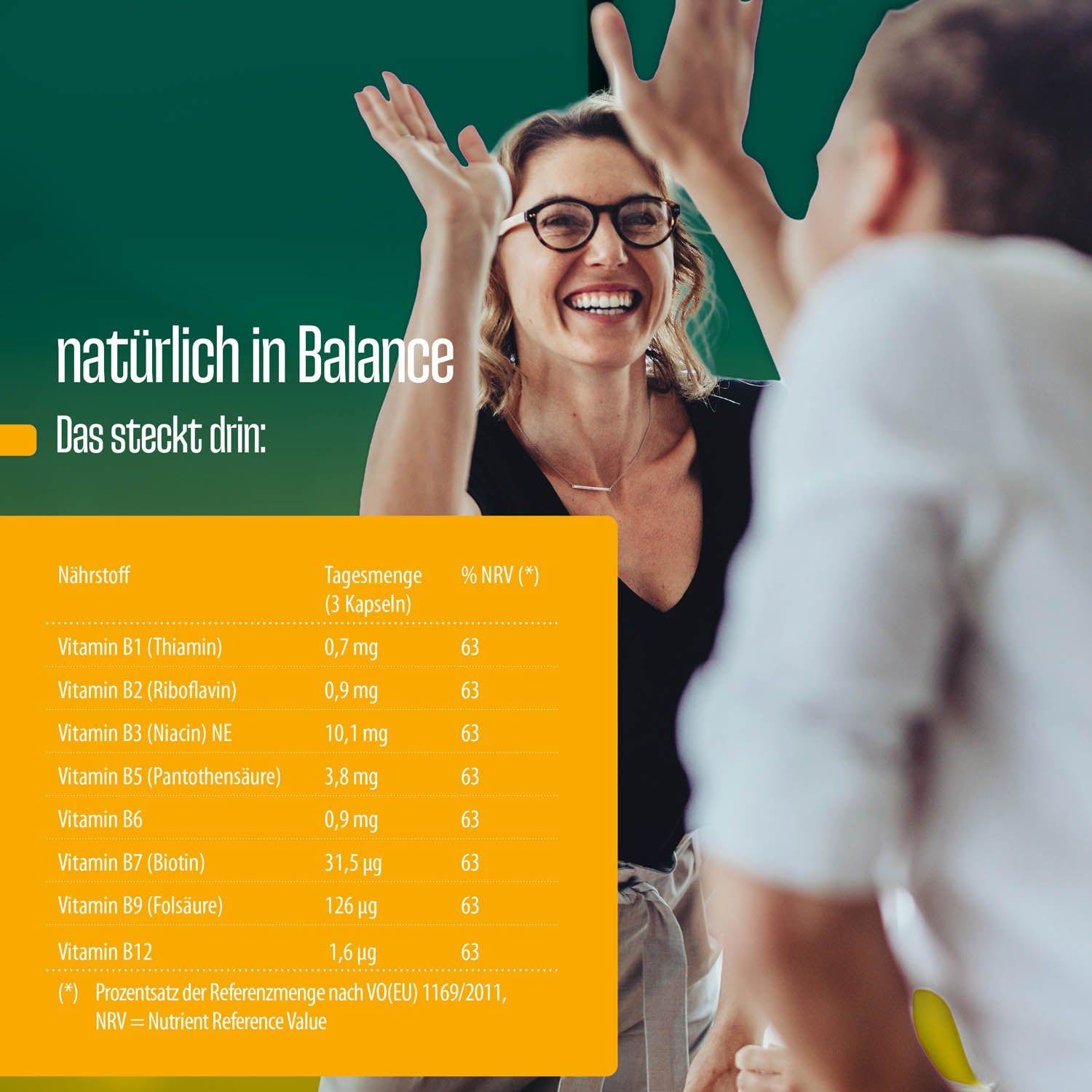 Nährstofftabelle von FITNE Vitamin B Komplex Kapseln. Enthält B-Vitamine. Tagesmenge und % NRV. Frau lächelt im Hintergrund.