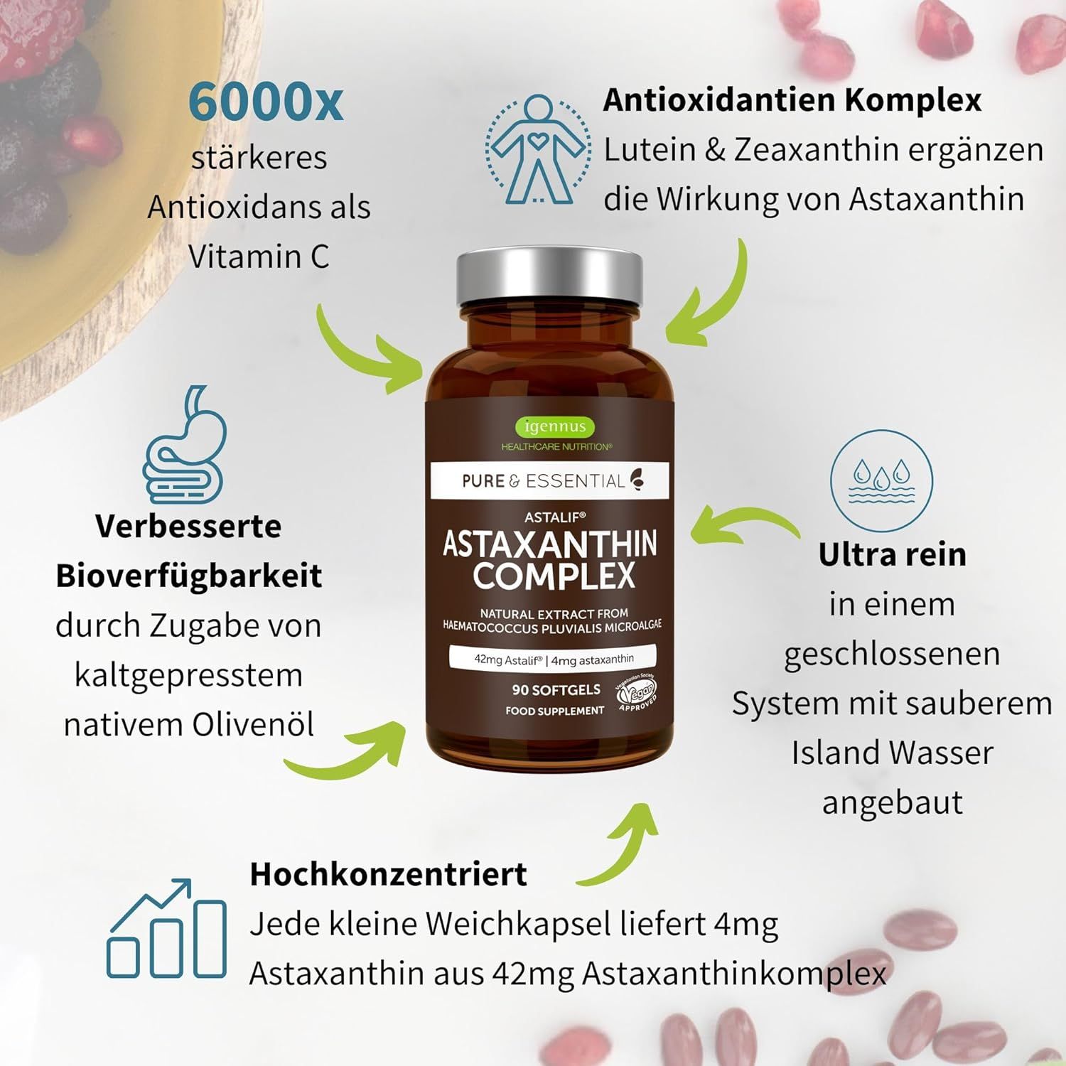 Braune Flasche mit Astaxanthin Komplex Kapseln. Text: 6000x stärker als Vitamin C. 90 Softgels. Vegan Approved. Nahrungsergänzungsmittel.