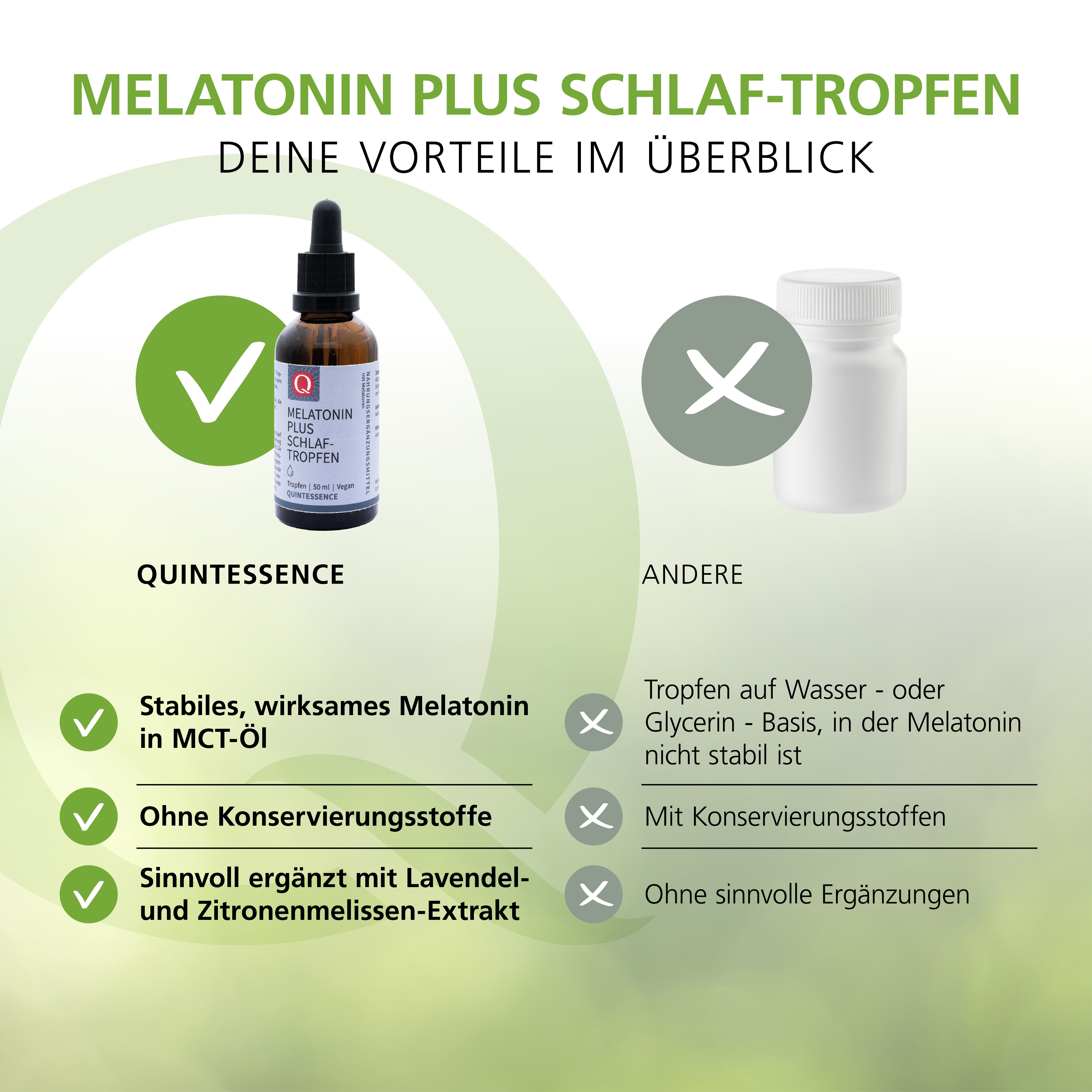Vergleich: Melatonin Plus Schlaf-Tropfen (Quintessence) vs. andere. Vorteile: stabiles Melatonin, ohne Konservierungsstoffe, mit Lavendel/Zitronenmelisse.