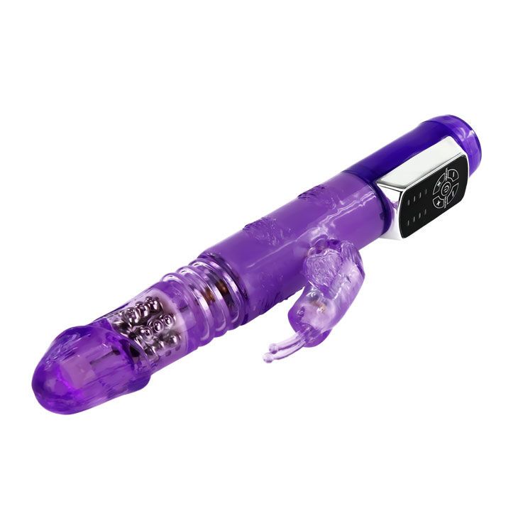 Baile Rabbitvibrator "Schmetterlingsprinz", lila. Vibrator mit Steuerung, Schmetterling-Aufsatz und geriffelter Oberfläche. Produktname nicht sichtbar.