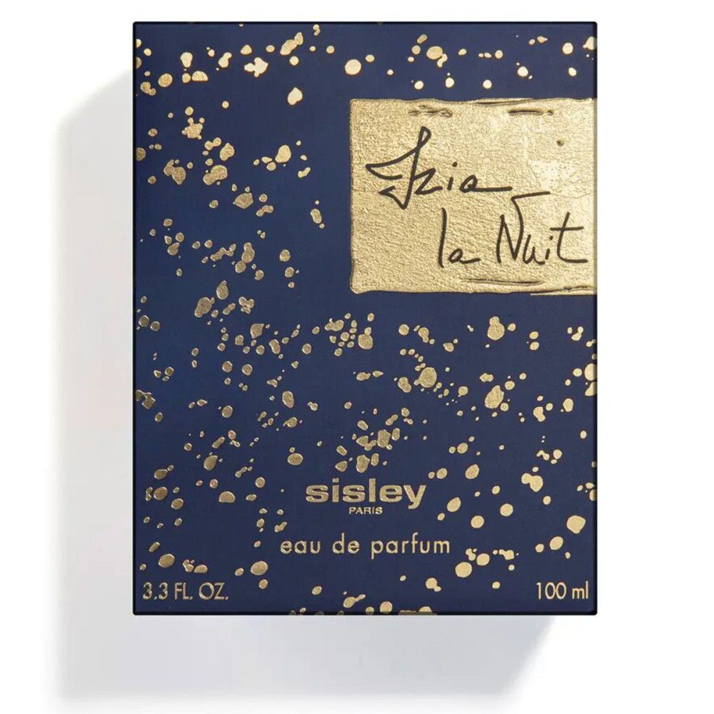 Dunkelblaue Schachtel mit goldenen Spritzern. Goldener Schriftzug Izia la Nuit. Sisley Eau de Parfum.