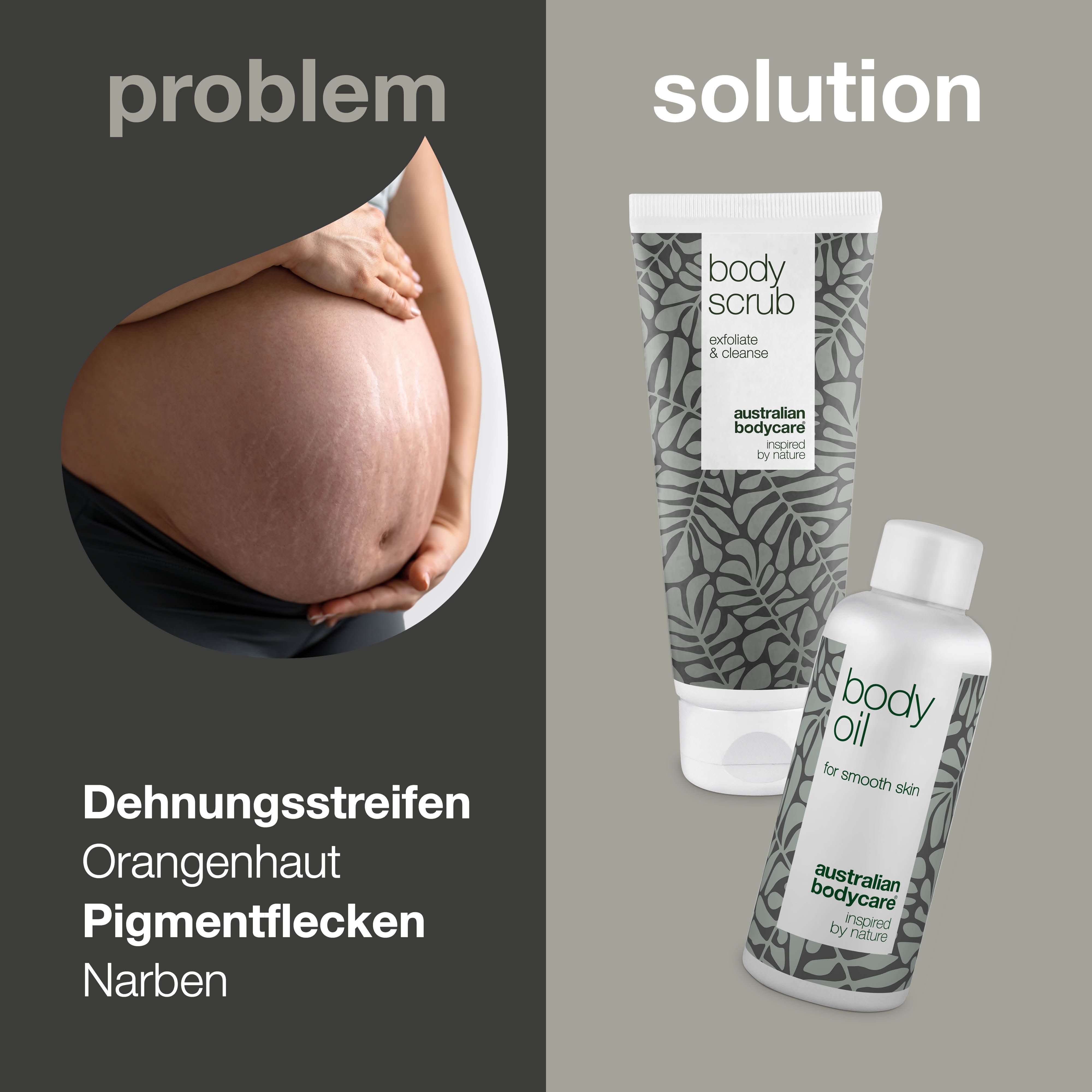 Problem: Schwangere Frau mit Dehnungsstreifen. Lösung: Körperöl und Körperpeeling. Marke: Australian Bodycare.