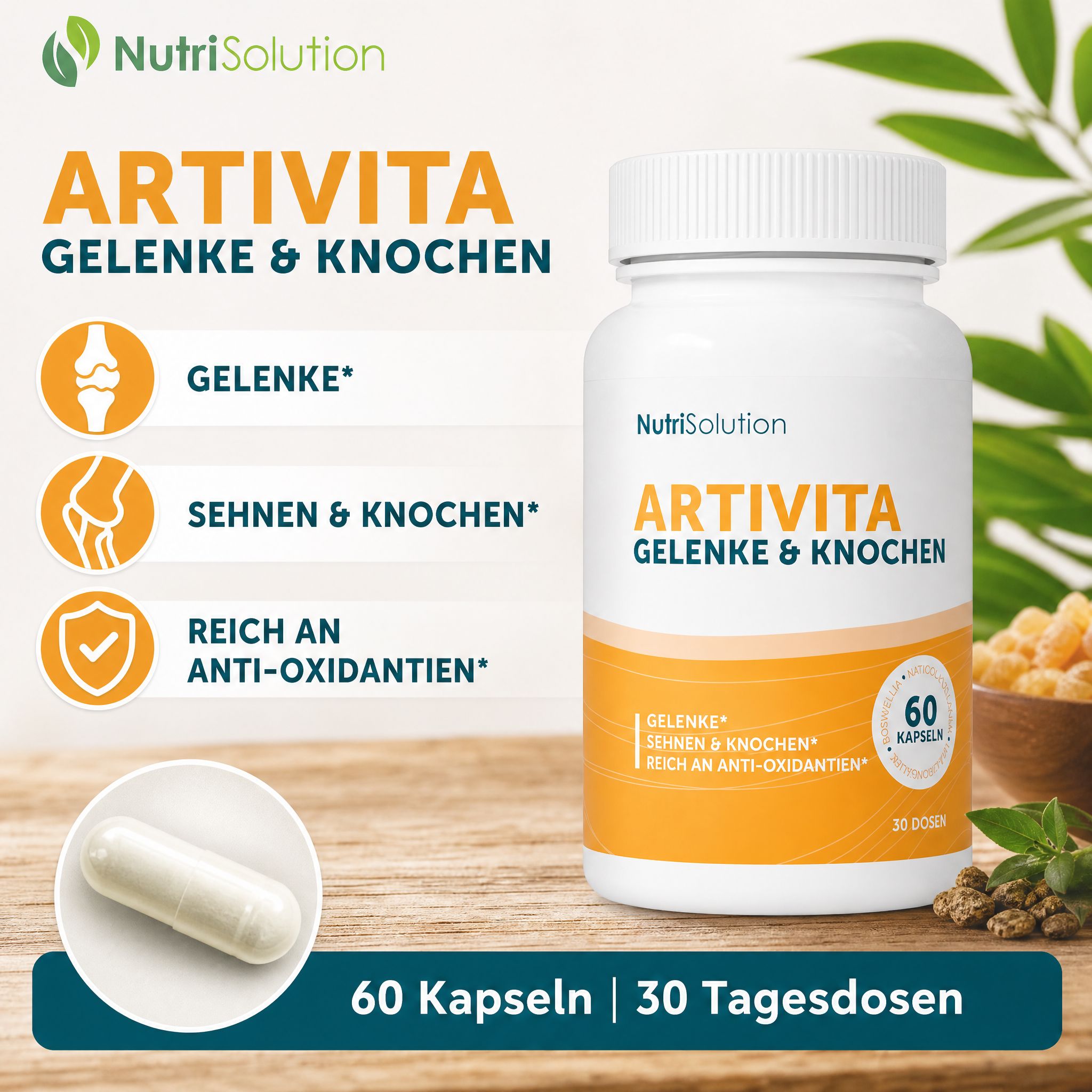 NutriSolution Artivita Kapseldose mit Darstellung von Gelenken, Sehnen & Knochen. Reich an Antioxidantien. 60 Kapseln.