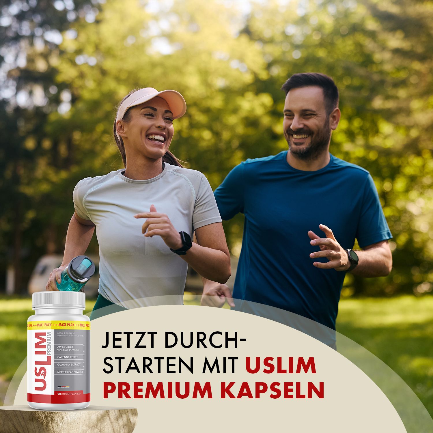 Ein Mann und eine Frau joggen im Park. USLIM PREMIUM Kapseln im Vordergrund. Text: Jetzt durchstarten mit USLIM PREMIUM Kapseln.