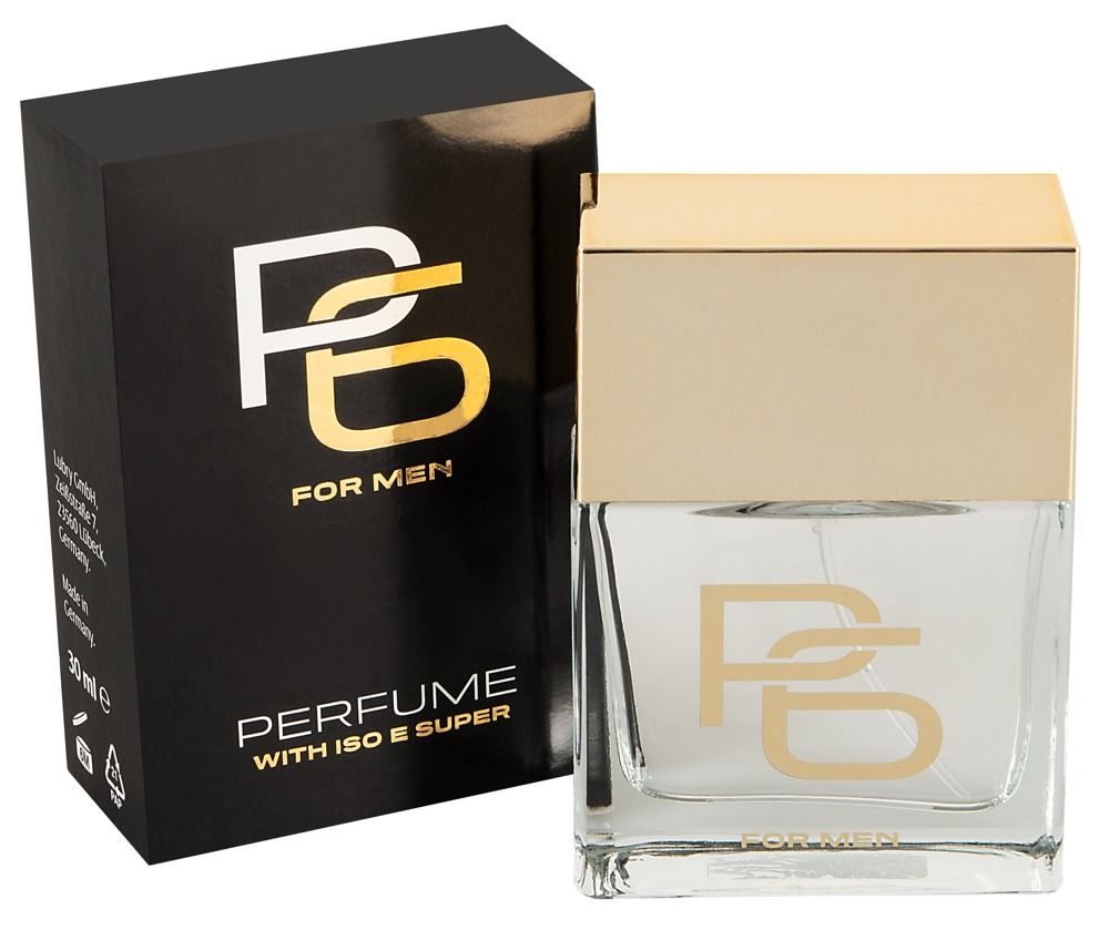 Herrenparfüm mit goldfarbenem Deckel und Logo auf Glasflakon und schwarzer Verpackung. Aufschrift: FOR MEN, PERFUME WITH ISO E SUPER.