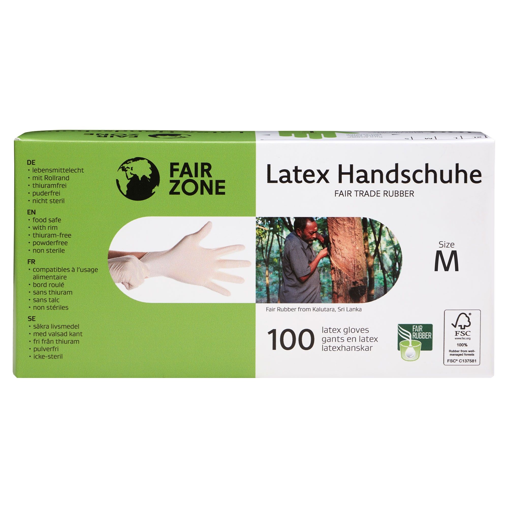 Verpackung von FAIR ZONE Latex Handschuhen, Größe M. Enthält 100 Handschuhe. Mit Fair Trade Rubber Siegel und FSC-Zertifizierung.