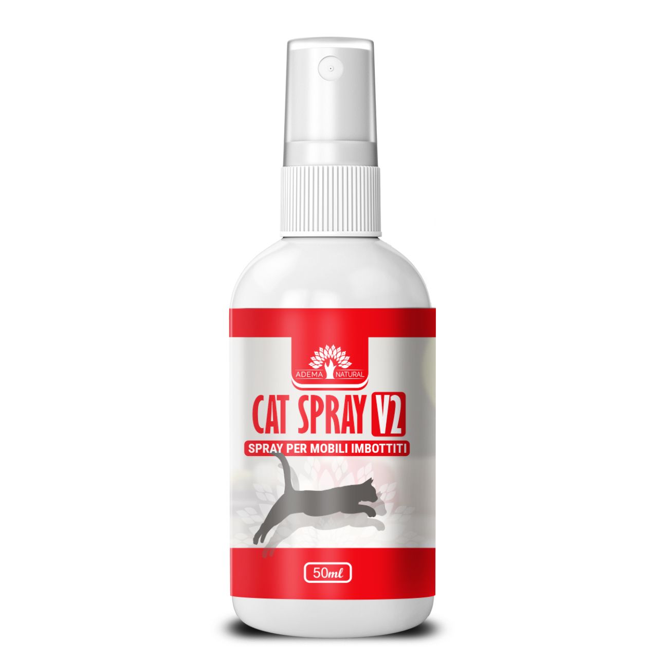 Weiße Sprühflasche mit rotem Band. Aufschrift: Cat Spray V2. Abbildung einer Katze. 50ml.