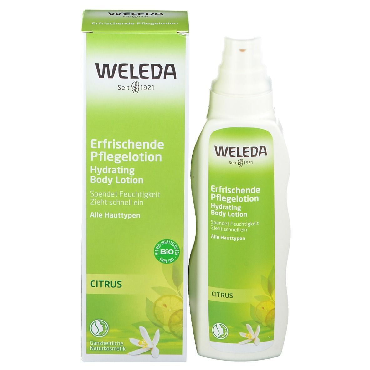 Flasche und Verpackung. Flasche: weiß mit grünem Etikett. Verpackung: grün mit weißer Schrift. Aufschrift: WELEDA, CITRUS.