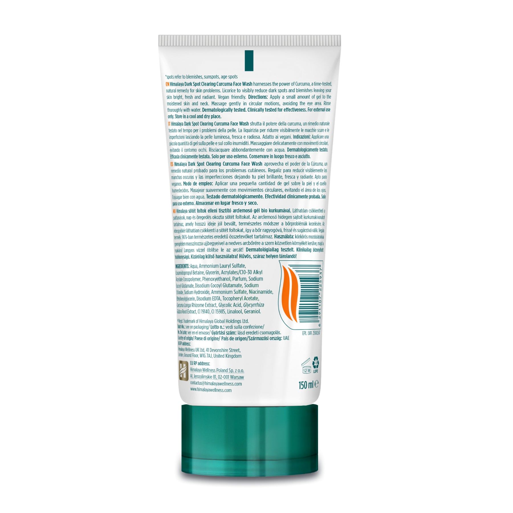Rückseite einer Tube Himalaya Dark Spot Clearing Curcuma Gesichtswaschgel. Enthält Inhaltsstoffe und Anwendungshinweise.