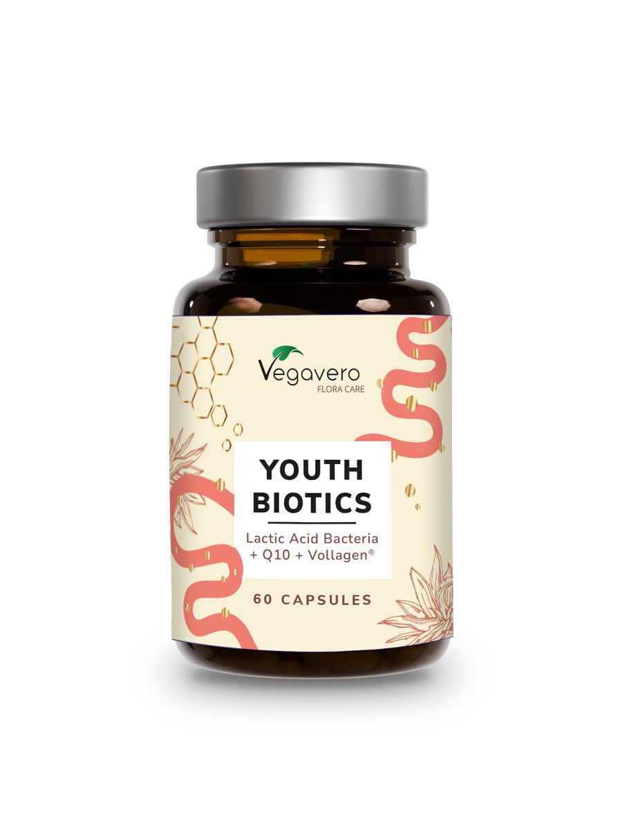 Braune Glasflasche mit silbernem Deckel. Aufschrift: Youth Biotics, Lactic Acid Bacteria + Q10 + Vollagen, 60 Capsules. Vegavaro Logo.