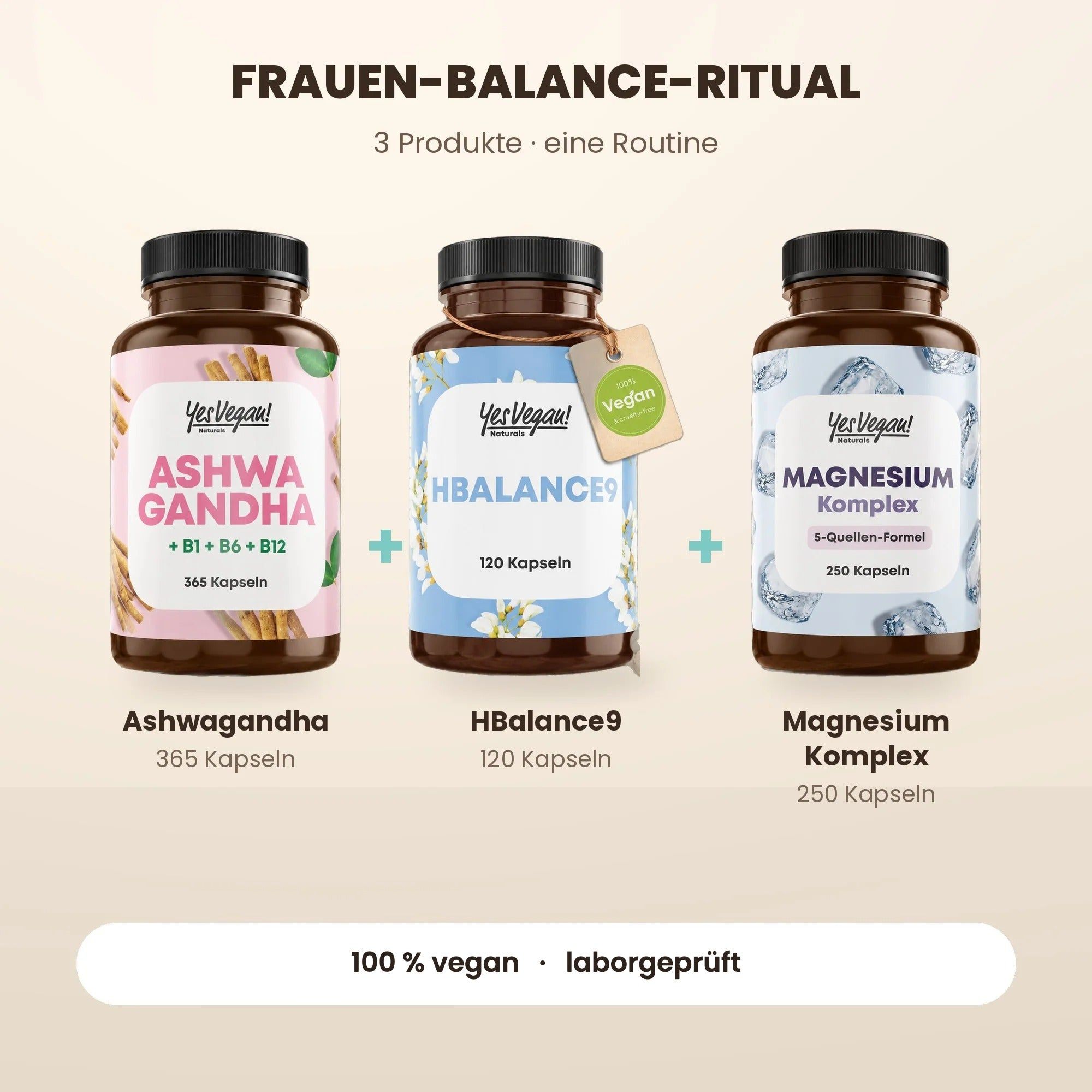 Drei Yes Vegan Produkte: HBalance9 (120 Kapseln), Ashwagandha (365 Kapseln) und Magnesium Komplex (250 Kapseln).