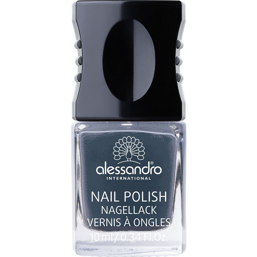Dunkelgrauer Nagellackflakon mit schwarzem Deckel. Aufschrift: alessandro, Nail Polish, Nagellack, Vernis à Ongles. 10 ml/0.34 Fl.Oz.