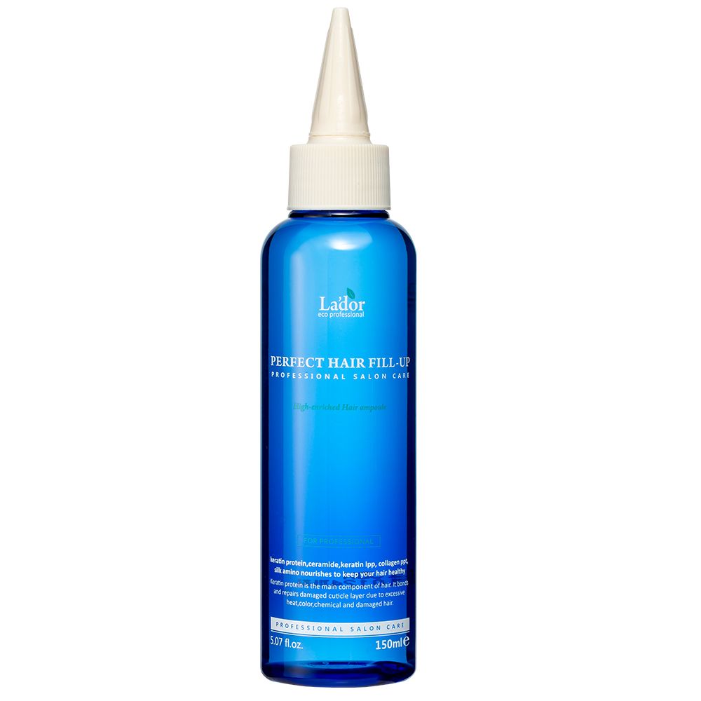 Blaue Flasche mit weißem Applikatoraufsatz, LADOR Perfect Hair Fill-Up, 150ml.