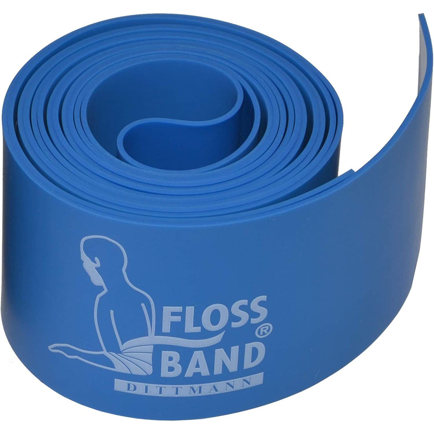 Gerolltes blaues Dittmann Floss-Band. Logo mit Person und Schriftzug Floss Band.