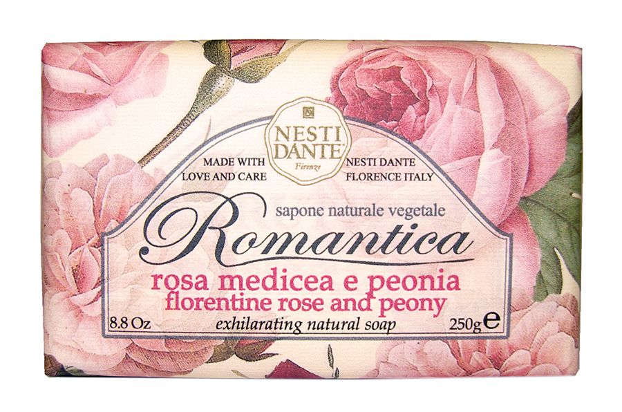 Seife mit floralem Design. Aufschrift: Romantica, Florentine Rose & Peony. Marke: Nesti Dante. Gewicht: 250g.