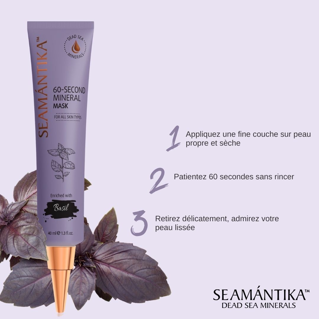 Tube de masque minéral violet. Texte : SEAMANTIKA, 60-Second Mineral Mask, Basilic. Étapes d'application.