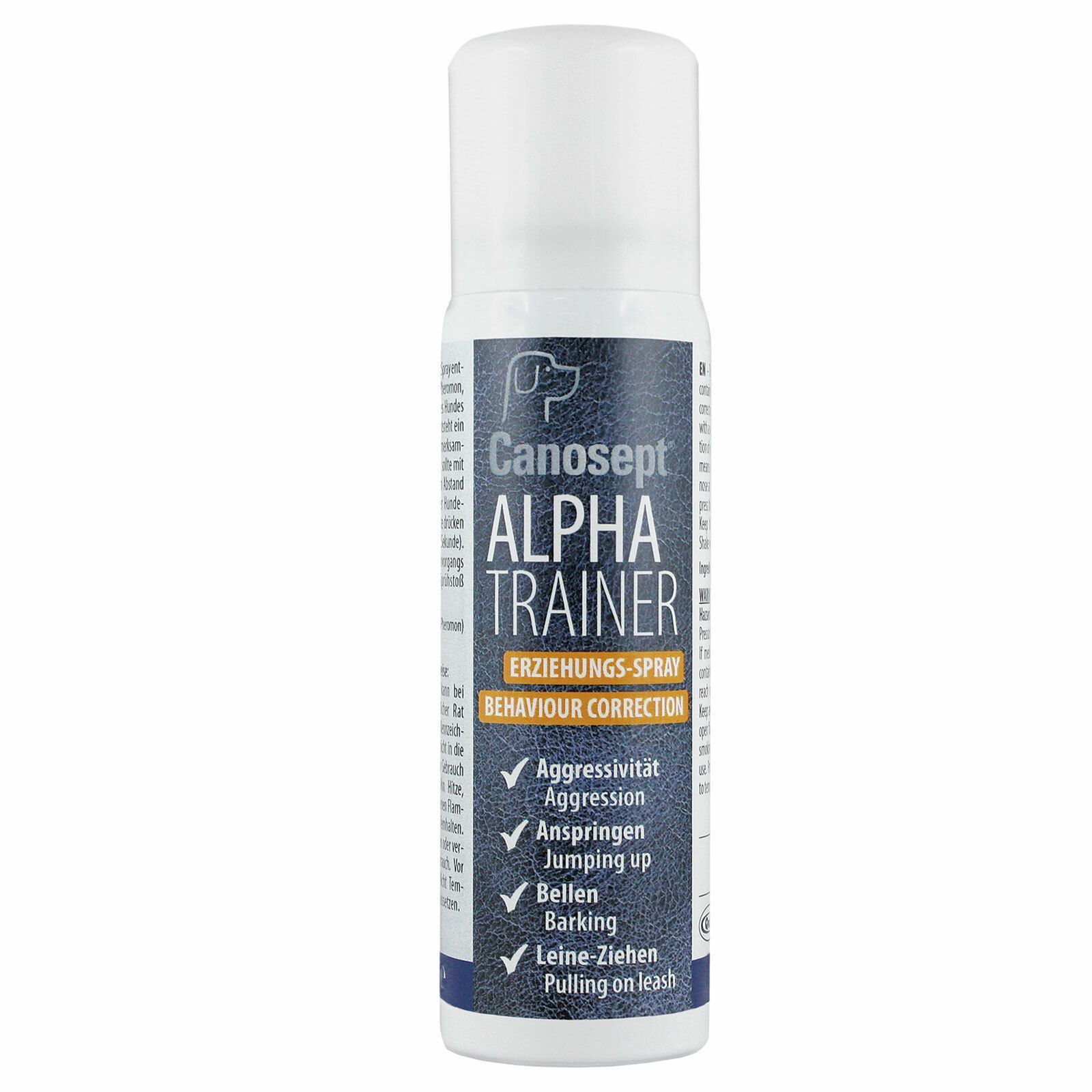 Canosept Alpha Trainer Erziehungsspray. Weiße Sprühflasche mit blauer Beschriftung. Enthält Informationen zur Verhaltenskorrektur.