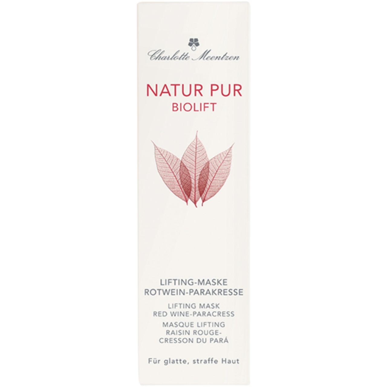 Weiße Verpackung mit Aufschrift: Charlotte Meentzen, Natur Pur Biolift, Lifting-Maske Rotwein-Parakresse. Mit Blattmotiv.