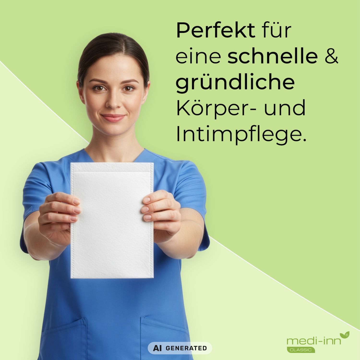 Pflegekraft hält einen weißen Einmal-Waschhandschuh Molton.