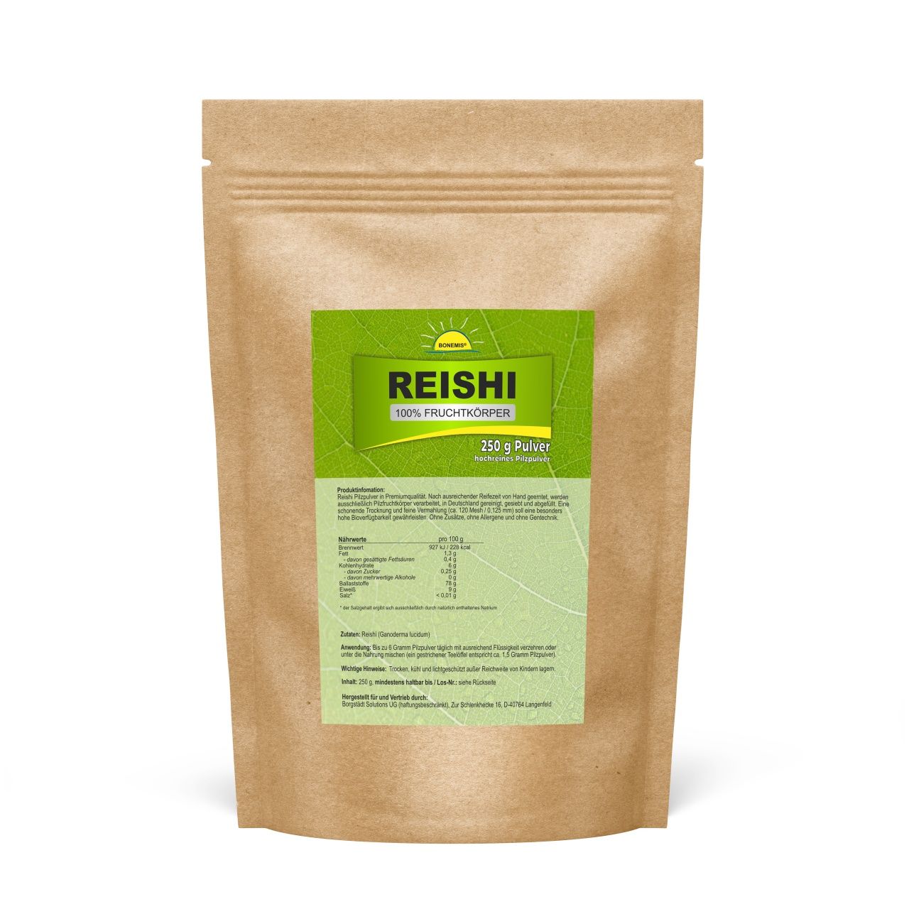 Bonemis® Reishi Pilzpulver, hochreine Premiumqualität (100% Fruchtkörper), ohne Zusätze 0,25 kg Pulver