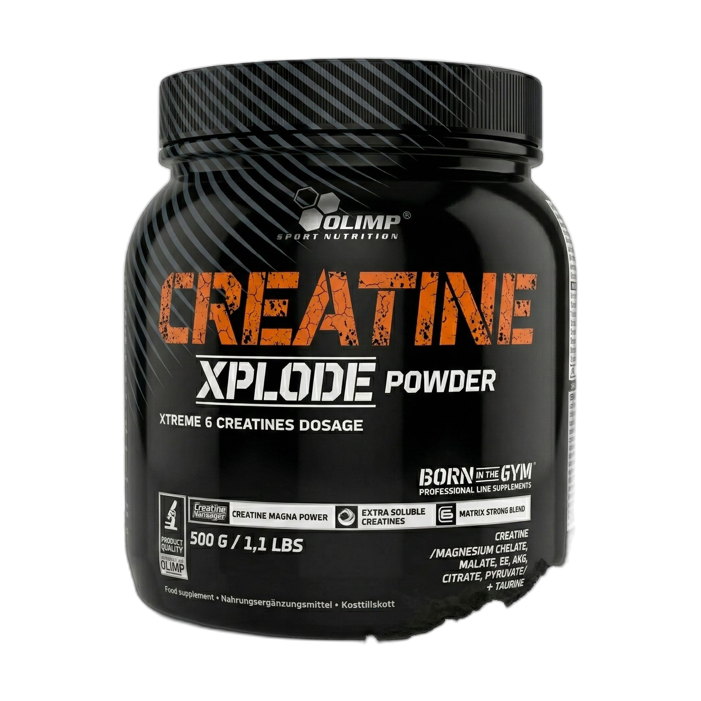 Schwarzer Behälter mit Olimp Creatine Xplode Pulver, 500g. Enthält verschiedene Kreatinformen.