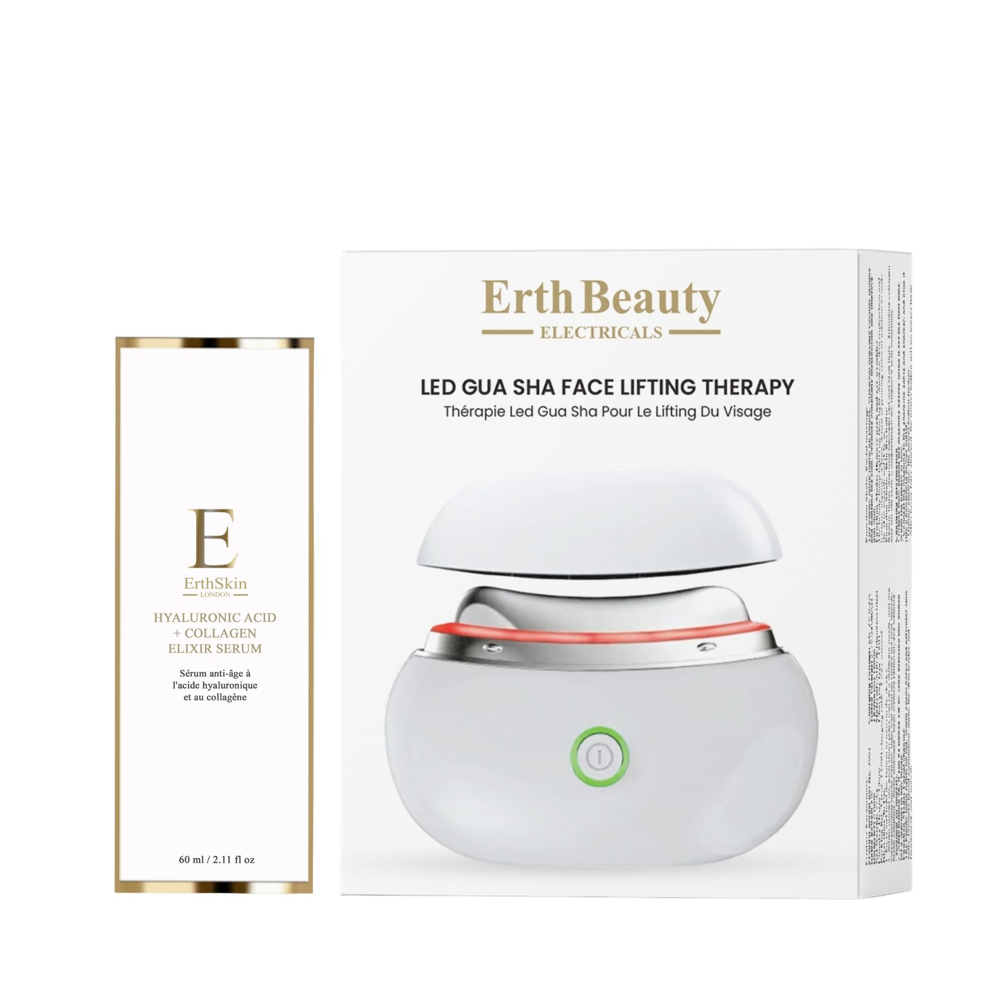 Erth Beauty Electricals LED Gua Sha Face Lifting Therapy Gerät und Hyaluronsäure + Kollagen Elixir Serum.