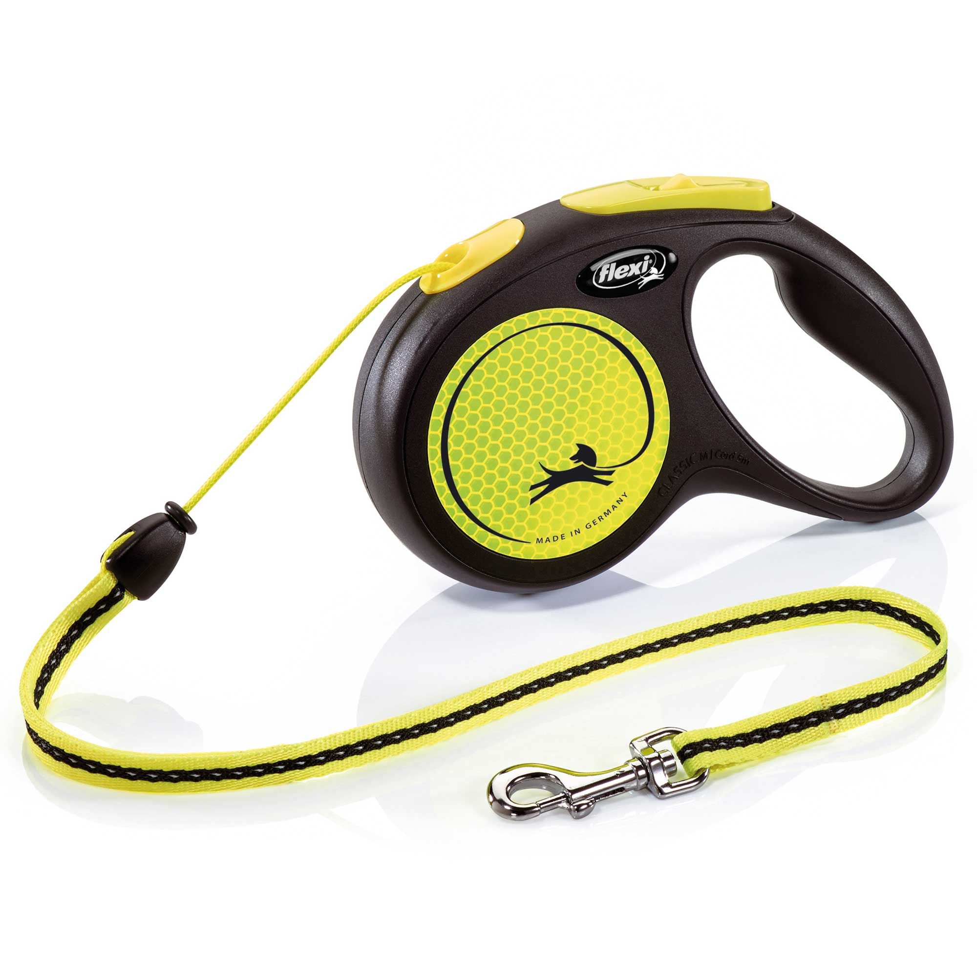 Schwarze und gelbe Flexi-Leine. Gelbes Seil, schwarzer Griff. Flexi-Logo. Hundesymbol. "Made in Germany".