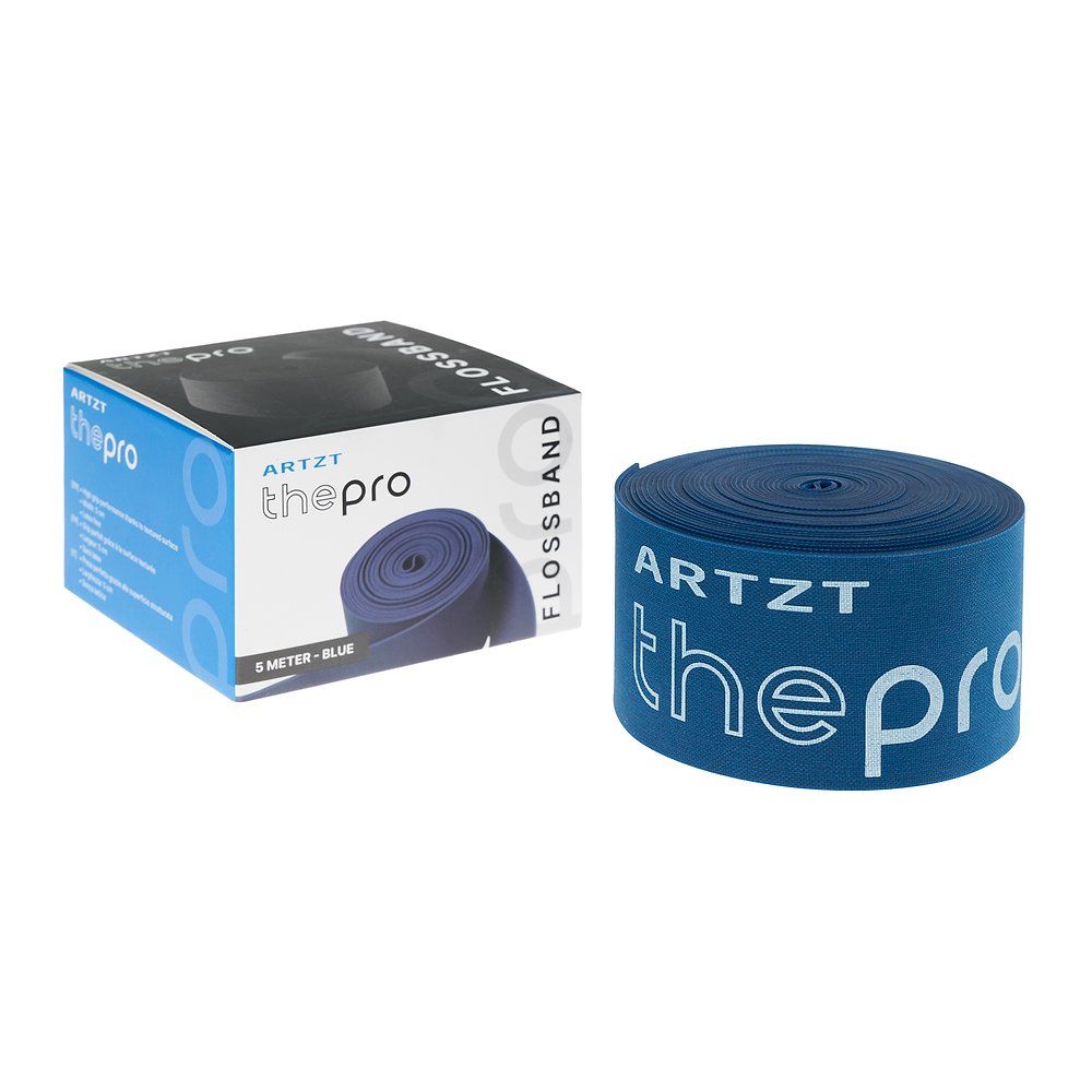 Artzt Thepro Flossband Plus, blau, 5 Meter, aufgerollt neben der Verpackung.