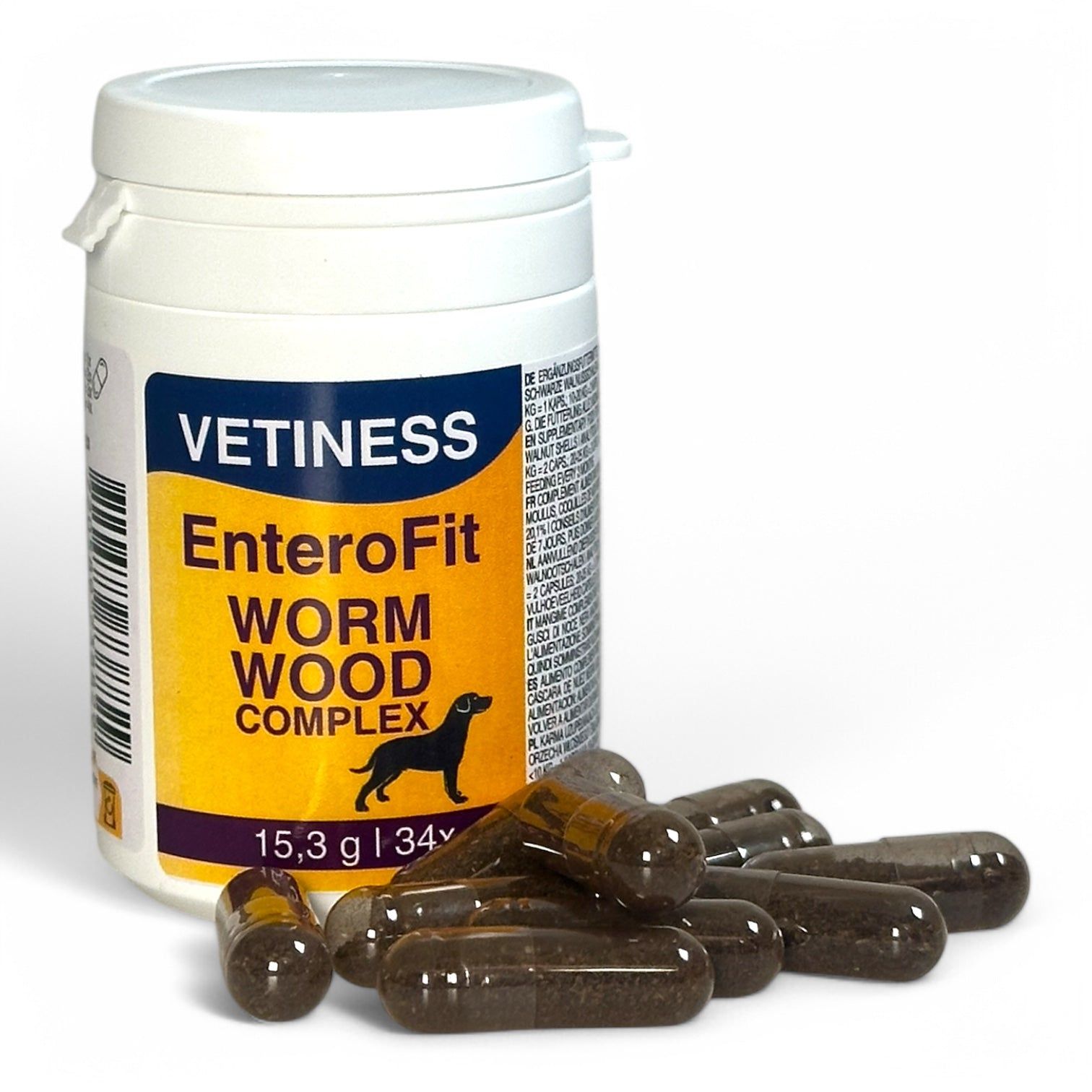 Weiße Dose mit Kapseln, daneben Kapseln. Text: Vetiness EnteroFit WormWood Complex. Aufkleber mit Produktnamen und Logo.